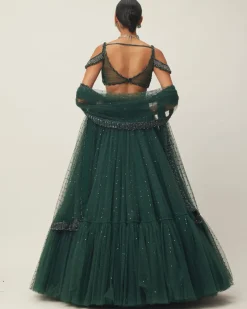 Dark Jade Green Sequins Scattered Tulle Lehenga Set