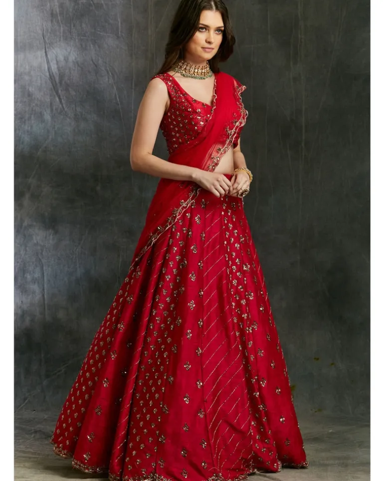 Dark Pink Raw Silk Booti Lehenga Set
