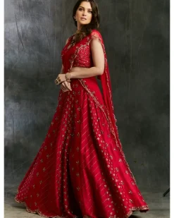Dark Pink Raw Silk Booti Lehenga Set
