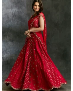 Dark Pink Raw Silk Booti Lehenga Set