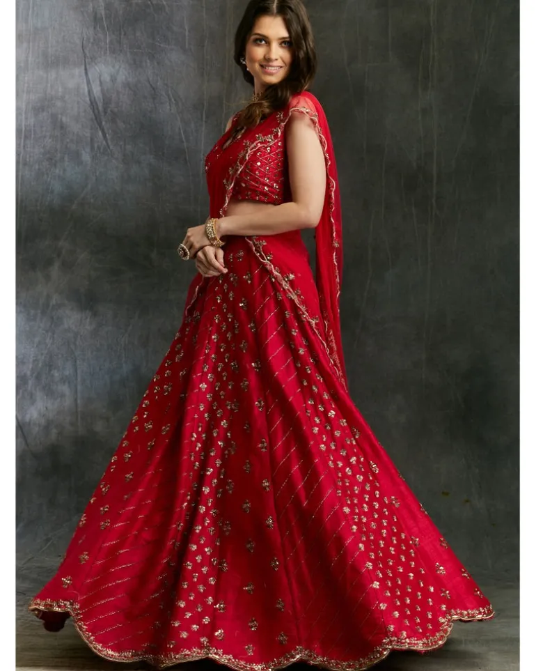 Dark Pink Raw Silk Booti Lehenga Set