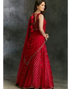 Dark Pink Raw Silk Booti Lehenga Set