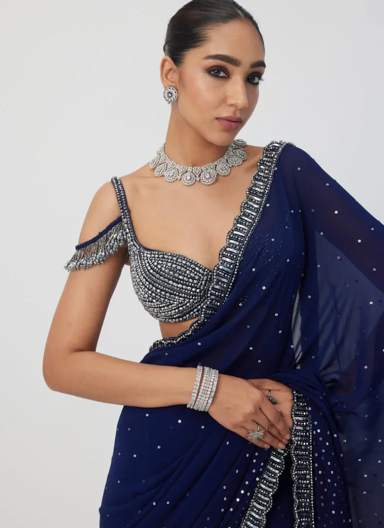 Deep Blue Sequins Embroidered Sari