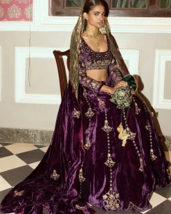 Deep Purple Embroidered Velvet Lehenga Set