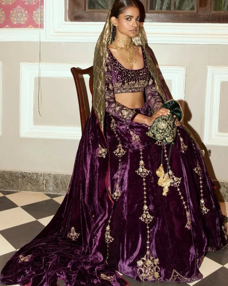 Deep Purple Embroidered Velvet Lehenga Set