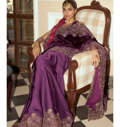 Deep Purple Embroidered Velvet Sari Set