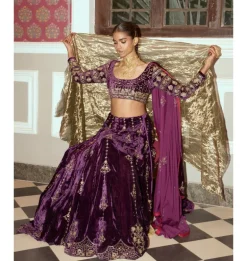 Deep Purple Embroidered Velvet Lehenga Set