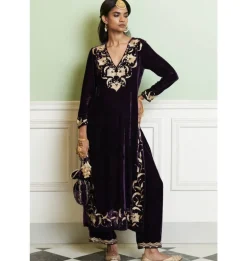 Deep Purple Embroidered Velvet Kurta Set