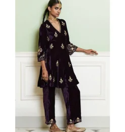 Deep Purple Embroidered Velvet Short Kalidar Kurta Set