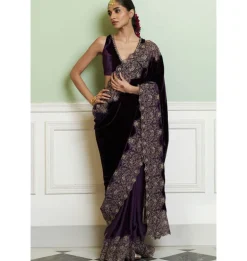 Deep Purple Embroidered Velvet Sari Set