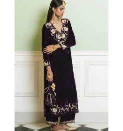 Deep Purple Embroidered Velvet Kurta Set