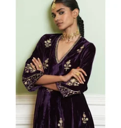 Deep Purple Embroidered Velvet Short Kalidar Kurta Set