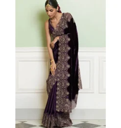 Deep Purple Embroidered Velvet Sari Set