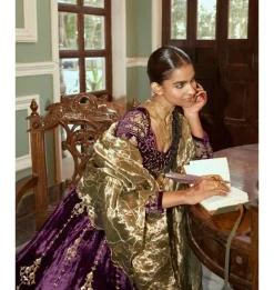 Deep Purple Embroidered Velvet Lehenga Set