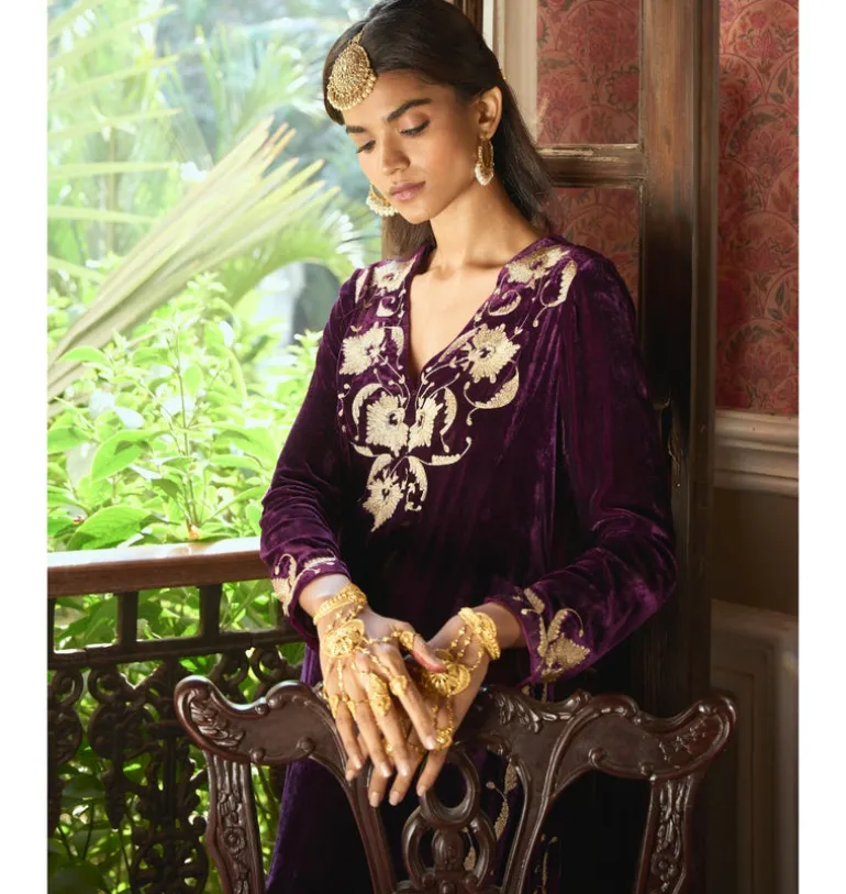 Deep Purple Embroidered Velvet Kurta Set