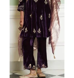 Deep Purple Embroidered Velvet Short Kalidar Kurta Set