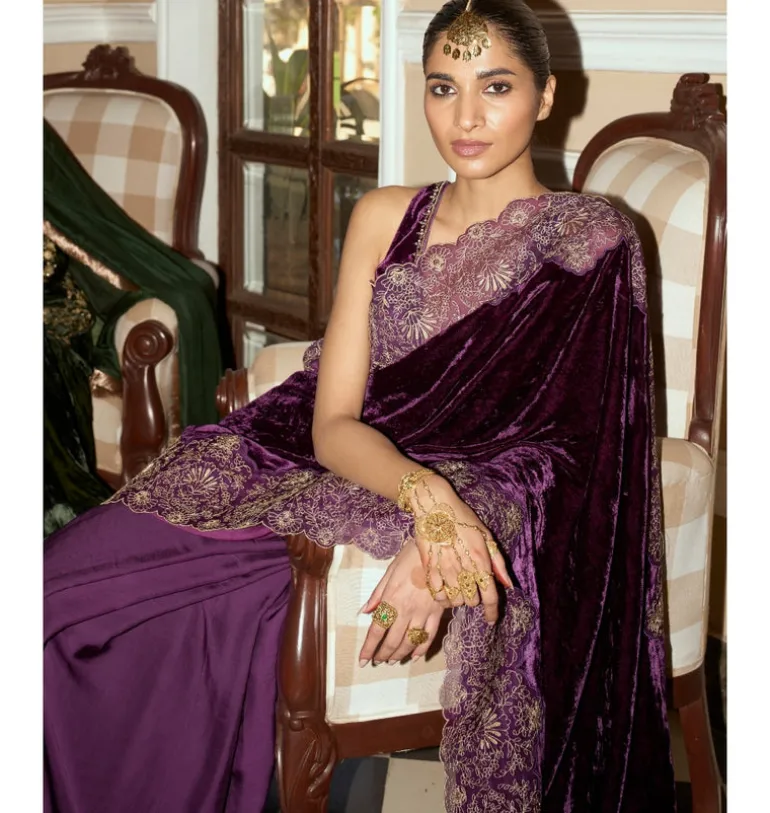Deep Purple Embroidered Velvet Sari Set