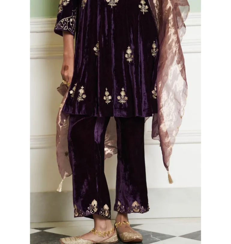 Deep Purple Embroidered Velvet Short Kalidar Kurta Set