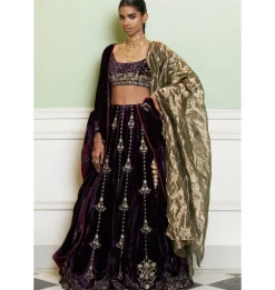 Deep Purple Embroidered Velvet Lehenga Set
