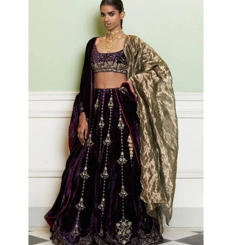 Deep Purple Embroidered Velvet Lehenga Set