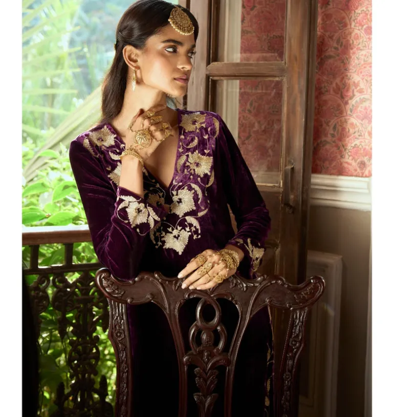 Deep Purple Embroidered Velvet Kurta Set