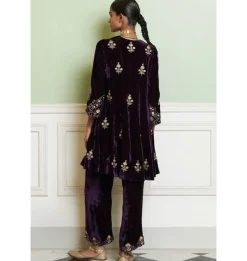 Deep Purple Embroidered Velvet Short Kalidar Kurta Set
