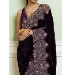 Deep Purple Embroidered Velvet Sari Set