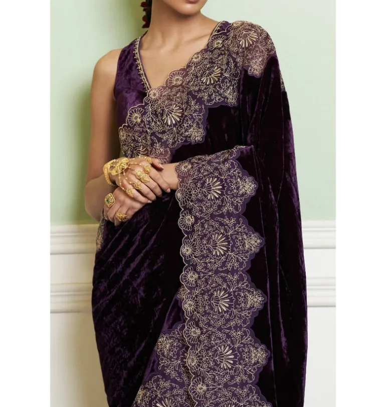 Deep Purple Embroidered Velvet Sari Set