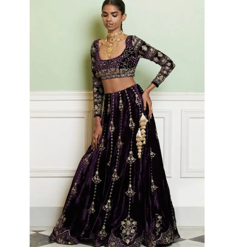 Deep Purple Embroidered Velvet Lehenga Set