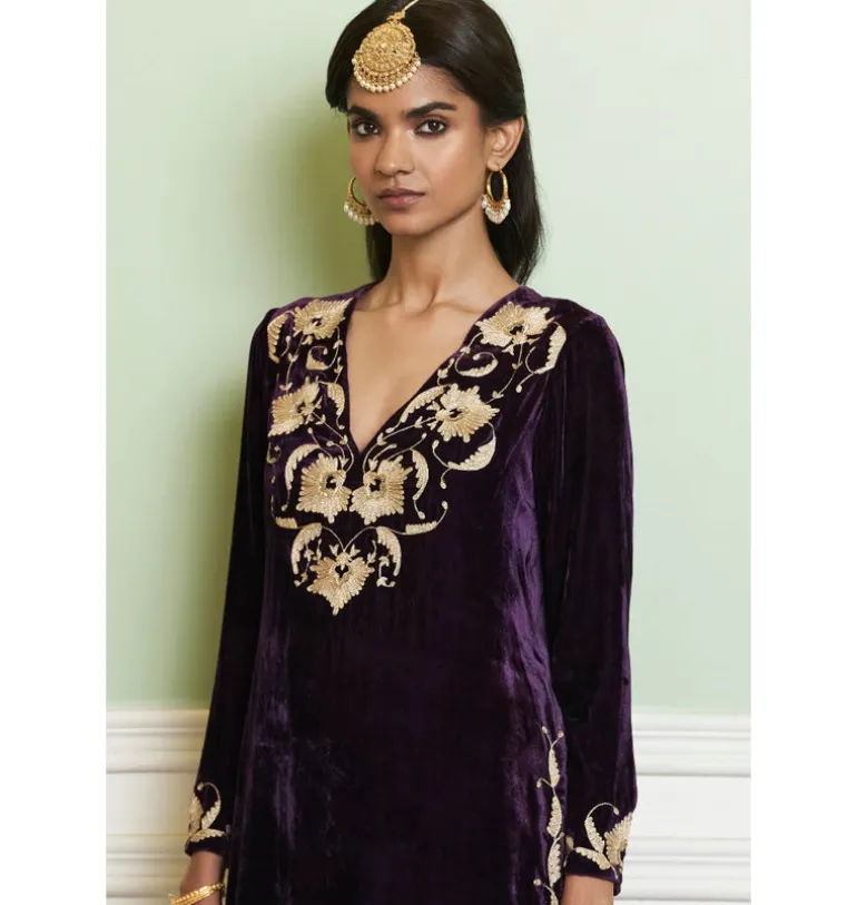 Deep Purple Embroidered Velvet Kurta Set