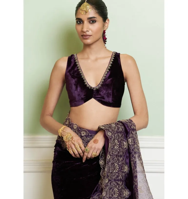 Deep Purple Embroidered Velvet Sari Set