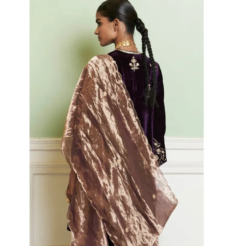 Deep Purple Embroidered Velvet Short Kalidar Kurta Set