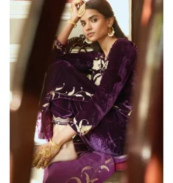 Deep Purple Embroidered Velvet Kurta Set