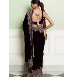 Deep Purple Embroidered Velvet Sari Set