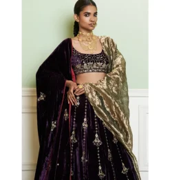 Deep Purple Embroidered Velvet Lehenga Set