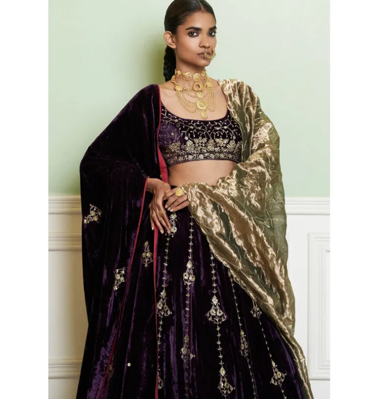 Deep Purple Embroidered Velvet Lehenga Set