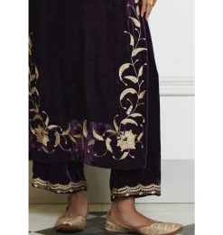 Deep Purple Embroidered Velvet Kurta Set