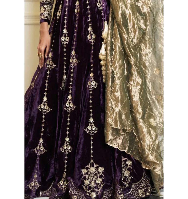 Deep Purple Embroidered Velvet Lehenga Set