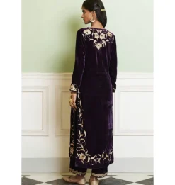 Deep Purple Embroidered Velvet Kurta Set