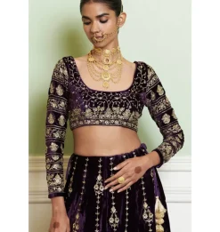 Deep Purple Embroidered Velvet Lehenga Set