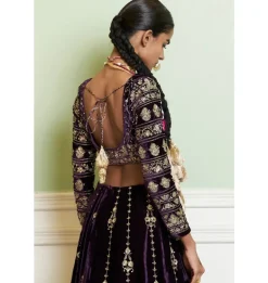 Deep Purple Embroidered Velvet Lehenga Set