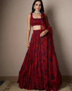 Deep Red Floral Lehenga Set