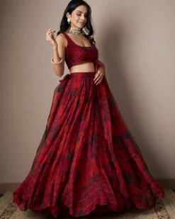 Deep Red Floral Lehenga Set