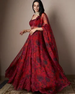 Deep Red Floral Lehenga Set