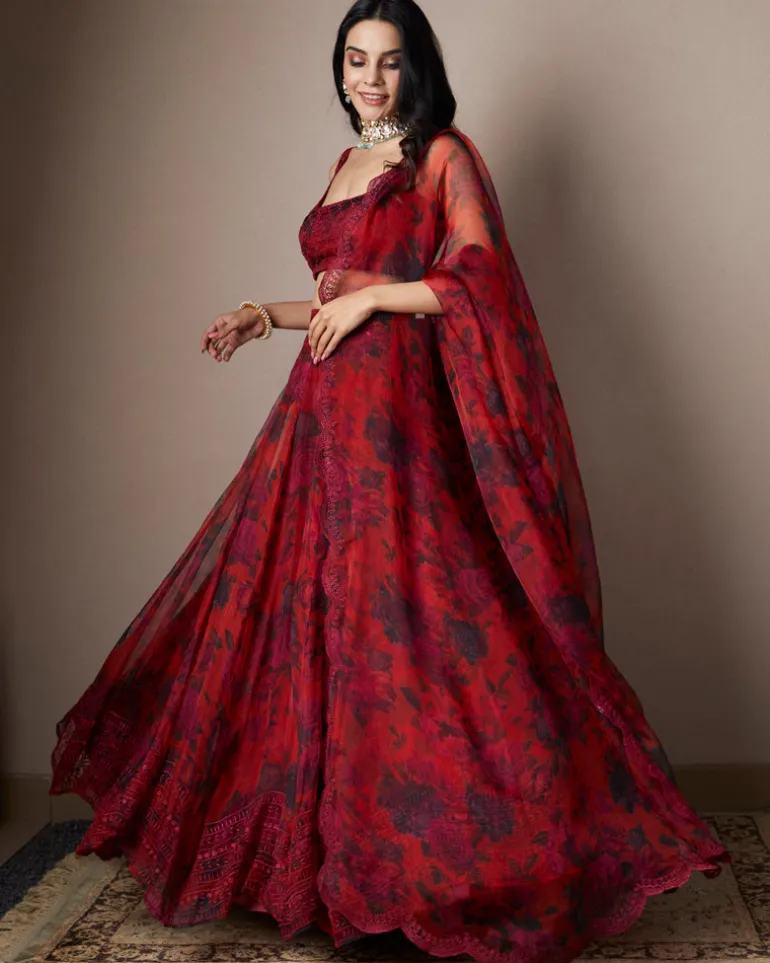 Deep Red Floral Lehenga Set