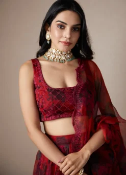 Deep Red Floral Lehenga Set