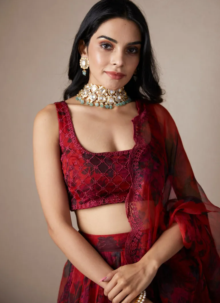 Deep Red Floral Lehenga Set