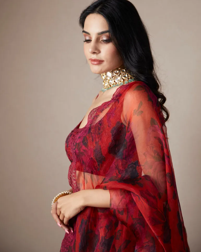 Deep Red Floral Lehenga Set