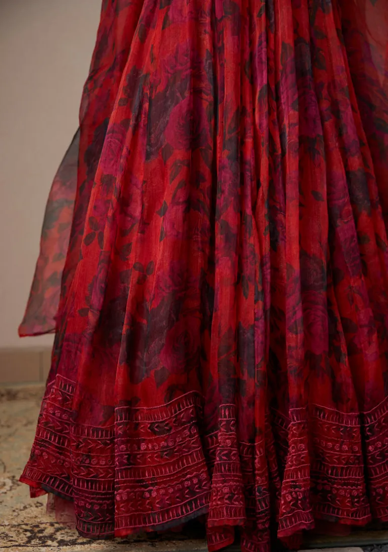 Deep Red Floral Lehenga Set