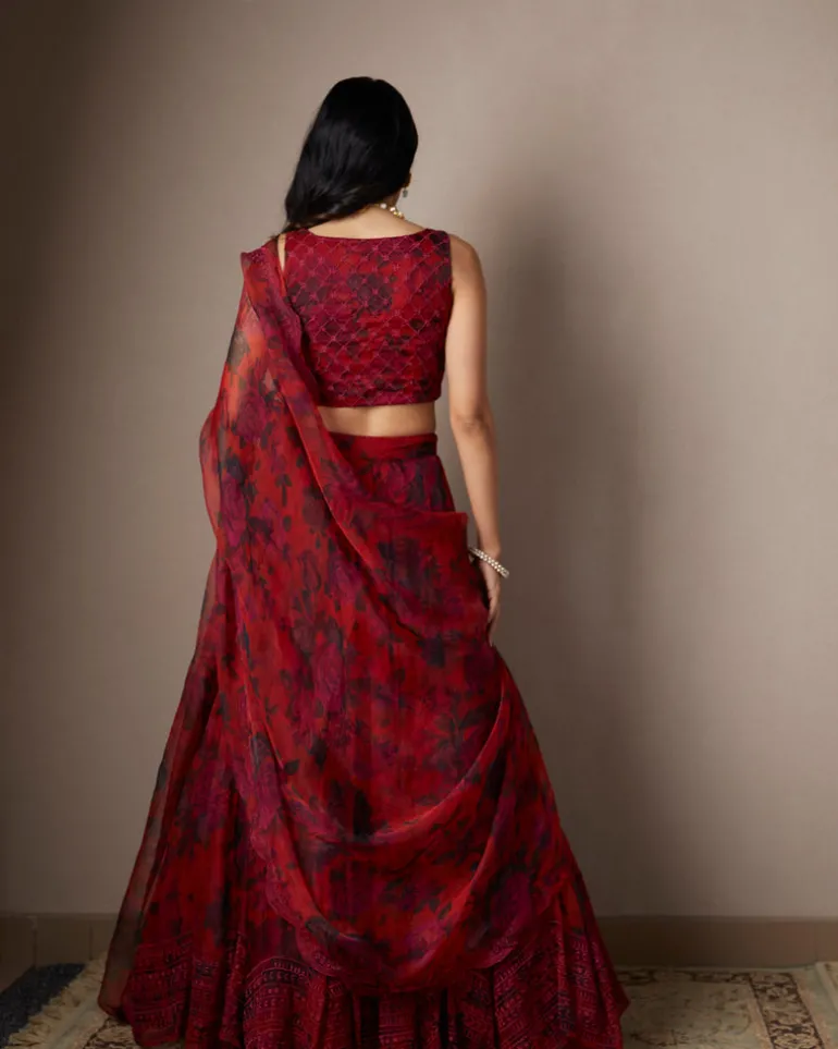 Deep Red Floral Lehenga Set